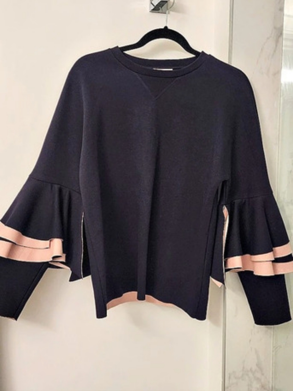 Ted Baker Lissiah Bobble Layered-Look Sweater Ruffle Sleeve Blouse Black & Pink
